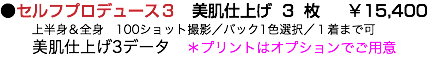 ●セルフプロデュース３　美肌仕上げ3枚 ￥15,400 上半身＆全身　100ショット撮影／バック1色選択／１着まで可 美肌仕上げ3データ　＊プリントはオプションでご用意　