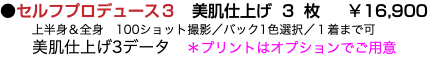 ●セルフプロデュース３　美肌仕上げ3枚 ￥16,900 上半身＆全身　100ショット撮影／バック1色選択／１着まで可 美肌仕上げ3データ　＊プリントはオプションでご用意　