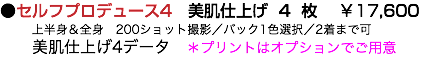 ●セルフプロデュース4　美肌仕上げ 4 枚 ￥17,600 上半身＆全身　200ショット撮影／バック1色選択／2着まで可 美肌仕上げ4データ　＊プリントはオプションでご用意　